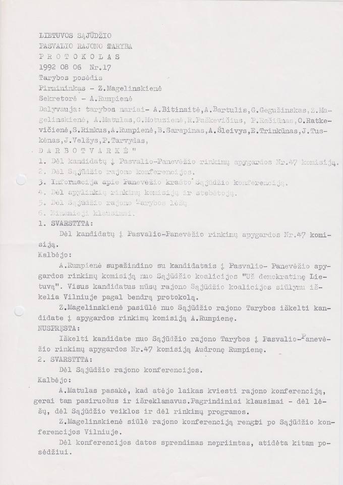 Lietuvos Sajūdžio Pasvalio rajono Tarybos 1992 m. rugpjūčio 6 d. posėdžio PROTOKOLAS Nr. 17